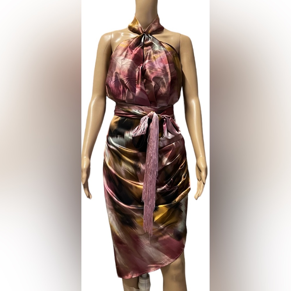 NWT BELLE BADGLEY MISCHKA Jen  Halter Neck Satin Asymmetrical Hem Dress Sz 6 - Picture 3 of 9